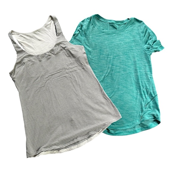 LULULEMON Bundle of 2 Tops- Striped Tank & Teal Long Distance Short Sleeve 4 - Picture 1 of 14